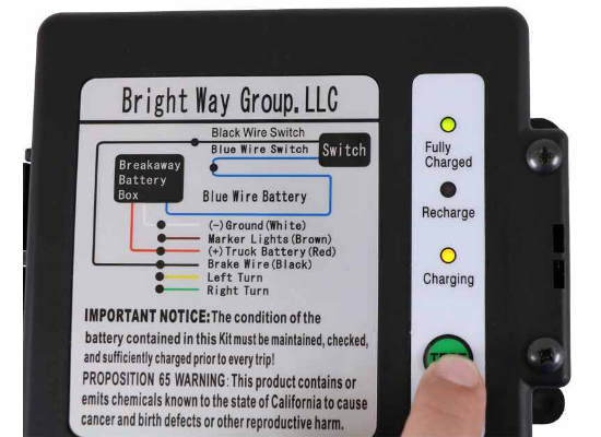 Bright Way Trailer Breakaway Kit with Charger, LED Tester, and 5 Ah Battery - Side Load