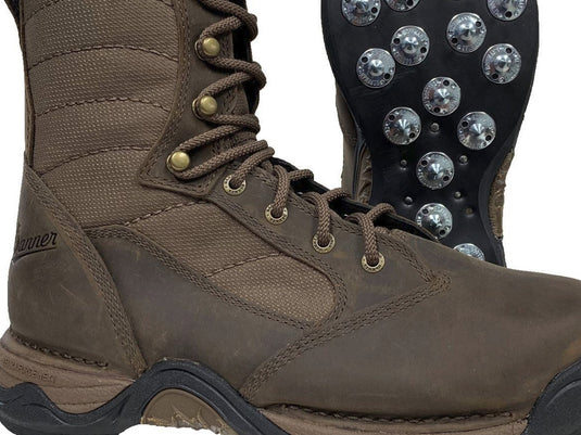 A brown Danner Pronghorn Calk boot with a replaceable calk sole, designed for outdoor work in forestry or logging.